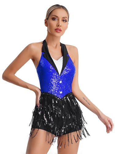 FEESHOW Damen Latin Tanzkleid Glitzer Tanzbody Pailletten Fransen Jazz Ballsaal Kleid Gymnastik Ballett Leotard Set Party Show Tanzkostüm