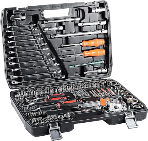 Youyijia 121Teiliger Ratschenkasten 1/4 und 3/8 Umschaltknarre Steckschlüssel-Satz Knarrenkasten Werkzeugkiste mit Aufbewahrung Steckschlüssel Bitsatz Steckschlüsseleinsätze Werkzeugkoffer