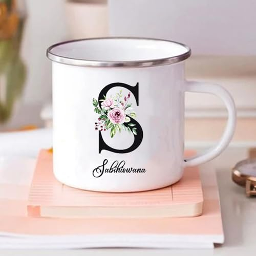 HDLOVE Tazze Smaltate Personalizzate Con Nome Iniziale Tazze Smaltate, Tazze Da Caffè Personalizzate Con 26 Lettere, Tazze Da Campeggio, Tè, Tazze Da Latte, Festività, Compleanno, Festa Della Mamma