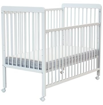 AT4 - Babybett Holz mit Matratze 60x120 ESSENTIEL Weiß | Kinderbett | Mit 4 rollen | Mit Verstellbarer Lattenrost 3 stufen