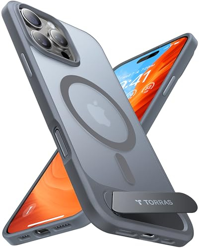 TORRAS für iPhone 16 Pro Hülle für MagSafe mit Titan Flügelständer Zertifizierte Magnetkraft Militärschutz Handyhülle iPhone 16 Pro Case Stoßfest Kratzfest Hardcase Handy Hülle Grau