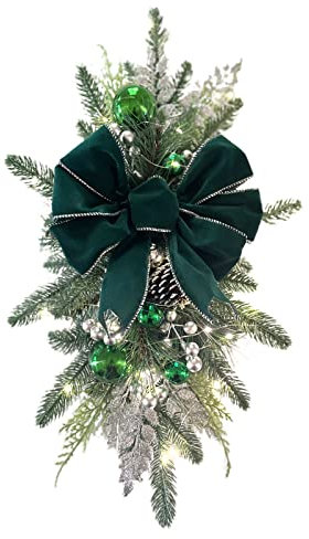 HOKZYHOUSE 2 Stück 60 cm Weihnachtsgirlande, Vorbeleuchtete Treppen-Weihnachtsgirlande mit Schleife, Weihnachtskränze, Dekorative Girlanden für Haustür, Zuhause, Geschäft (60 x