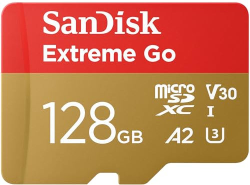 SanDisk 128GB Extreme Go Tarjeta Micro SD + adaptador SD (Para smartphones y tabletas Android, Action Cams, Drones, UHS-I, hasta 200 MB/s, 5k, 4K UHD, V30, Rescue PRO Deluxe, Class 10, U3) para Amazon