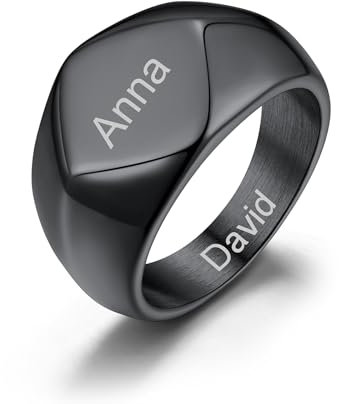 GoldChic Anpassbare Herren Siegelring Schwarz mit Gravur Edelstahl Männer Frauen Fingerring Bandring 13mm breit Schwarz Glänzender Freundschaftsring Parter Ring Ringgröße 56.5(18)