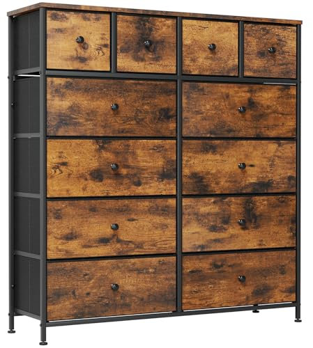 Clevich Stoff-Kommode, Schminktisch Schrank, Aufbewahrungsschrank, 12 Schubladen aus Stoff, Metallrahmen, industrieller Stil, für Wohnzimmer, Flur, Schlafzimmer (Retro braun+schwarz)