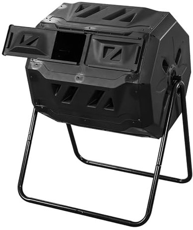 MIDUOLAI 160-Liter-Trommelkomposter, Rotation Komposter Mit Zwei Kammern, Trommelkomposter, Fruchtbaren Boden Schaffen, BelüFtungs-TrommelkompostbehäLter,Schwarz