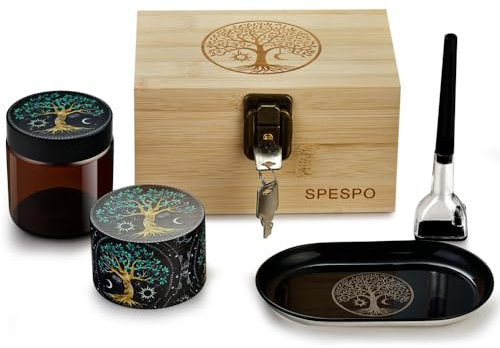 Spespo Grinder Set, Includes 2.5 inch Herb Grinder, Rolling Tray, Storage Jar&Rolling Stick, Lockable Bamboo Box Gift Set for Men Women