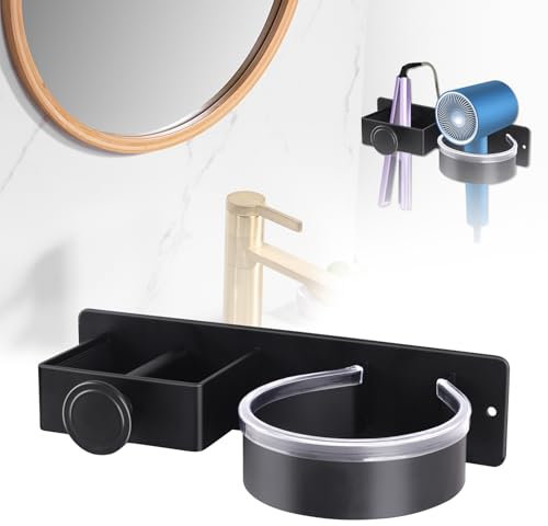 Fönhalter Ohne Bohren Schwarz, Glätteisen Halterung, Föhn Halterung für Föhn und Glätteisen, Föhnhalter Wand, Haartrockner Halterung Edelstahl Fönhalterung Haartrocknerhalter für Bad（Schwarz）