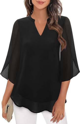 TANMESSO Blusas elegantes e informales para mujer, con volantes, manga 3/4, cuello en V, de gasa de doble capa, Negro, M