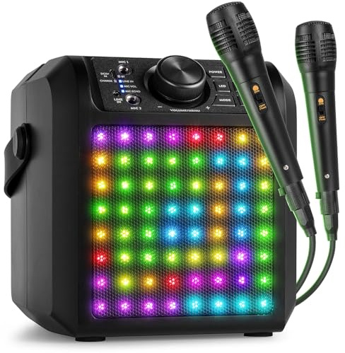 Fenton KAR50B Enceinte Karaoké Enfant Bluetooth avec Façade Lumineuse 50 Watts - Noire, Batterie Integrée, 2 Micro Inclus, Une Activité Ludique pour Les Enfants et Les Fêtes d'Anniversaires