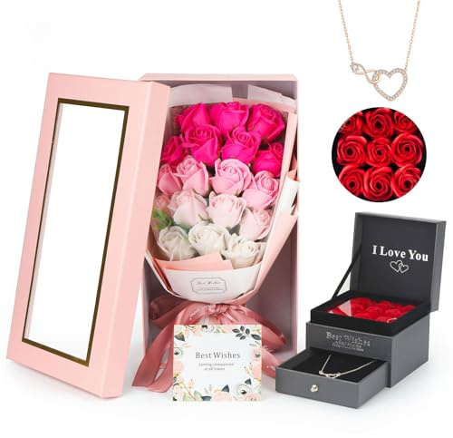 Muttertagsgeschenk Blumen Geschenk für Sie,Infinity Rosenbox mit 18 Konservierte Rosen Und Eleganter Halskette Geschenke für Frauen, Mama Handgemachte Rosen Jahrestag, Muttertag Und Weihnachtstag