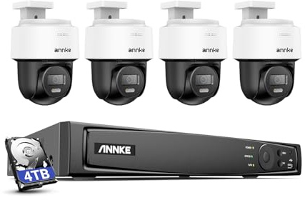 ANNKE 3K PoE-övervakningskamera utomhus set 345° panorering, 80° lutning, autospårning, KI-personigenkänning, 8-kanals 12MP NVR med 4 TB HDD, 24/7-inspelning, för inomhus och utomhus