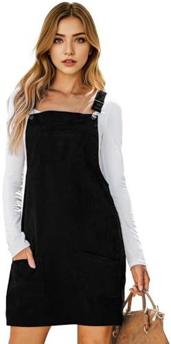 Runstarshow Corduroy Dresses for Women UK Ladies Pinafore Dress Mini Sleeveless Dress Cute Cord Dungaree Dress with Pockets Suspender Sundress S-XL/UK 8-14
