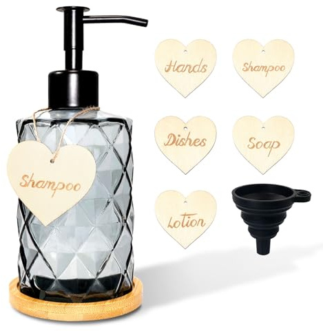 Seifenspender Glas Set,Vintage Seifenspender Küche Spülmittelspender mit Edelstahl Pumpkopf ＆ Holz Unterlage Etiketten 330ml Soap Dispenser Durchsichtig Seifenspender Bad für Seife Handseifenspender