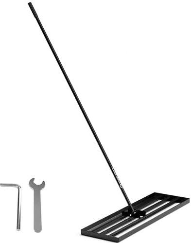 Rastrello livellatore per prato, 75 x 25 cm, con manico lungo 210 cm, strumento di livellamento in acciaio inox resistente, impugnatura curva regolabile per terreno, sabbia, superfici sporche