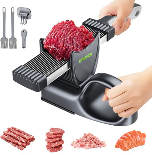 OYKEFAW Fresh meat slicer, adjustable thickness, 2 or 4 mm, 17-in-1 stainless steel manual meat slicer, Cleaver Knife,Meat Cleavers can be Sliced, Striped, Diced, for salmon chicken breast beef pork