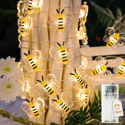ALEGRE LED Biene Lichterkette, 2M 20 Biene LED Lichterkette Batterie mit Timer, Bienen Deko Lichterketten Innen Außen, Lichterketten mit Timer für Kinderzimmer, Hochzeit, Garten, Frühling Deko