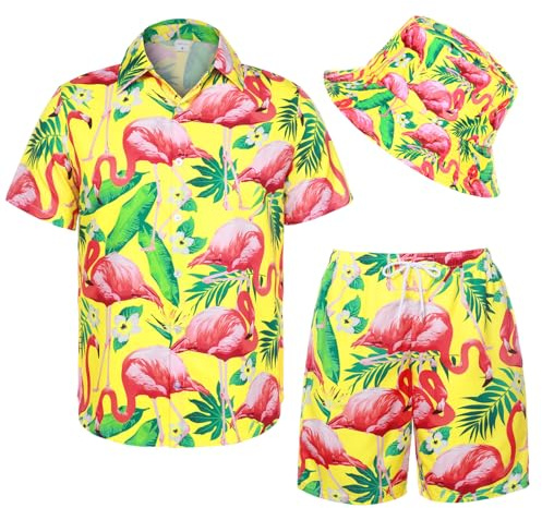 Suffolly Conjunto de camisa y pantalones cortos hawaianos para hombre con sombrero de pescador, amarillo, XL