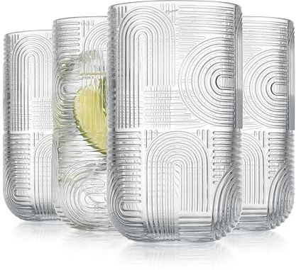 Glaver's Drinking Glasses, Highball Glasses, 17 Ounce Thick Embossed Designed, Set of 4 Clear Kitchen Glassware For Everyday Elegant Serving Coolers, Urban Pattern Modern Drinking Glasses