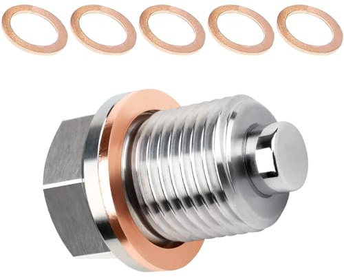 Sump Plug, Sump Plug Washer, Oil Sump Plug, 5 Washers for Engine Oil Pan Protection with Magnetic M14x1.5 Stainless Steel Drain Plug (1 Bolt + 5 Seals)