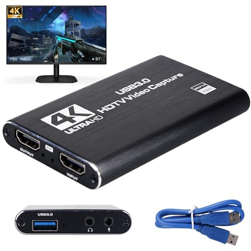 USB 3.0 Video Capture Card 4K HDMI con Loop-Out, 1080P 60FPS Grabadora para Streaming, 4K HDMI Capture, Compatible con PS5, Xbox, Switch, Cámara, OBS, Plug & Play para PC/Laptop