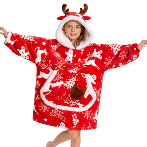 OLAOLA Weihnachten Decken-Hoodie für Kinder, Weiche Kuscheldecke Unisex | Festliches Weihnachts-Muster für Kinder. Kuschelweiche Decke mit Ärmeln, das perfekte Wärmegeschenk für kleine Mädchen.