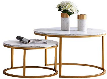MASAJIA 2er Satztische Set Rund, Modernes Nesting Beistelltische für Wohnzimmer Sofabereich Couchtisch, Metallgestell und Weiß Tischplatte,80x45cm & 60x33cm