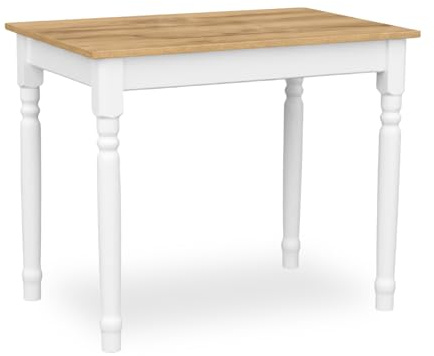 Metdrew Esstisch aus Holz | Tisch 100x60 cm | Kompakt & stabil | Mit Zierbeinen | Für 4 Personen | Platzsparend für Küche | Skandinavisches Design | Weißer Küchentisch | Tischplatte: Craft Eiche Gold