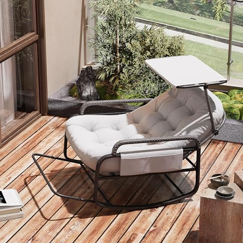 KeepGoon Schaukelstuhl Garten Schwingsessel schaukelsessel Wohnzimmer Relaxstuhl mit gepolsterter, für Garten, Schlafzimmer, Wohnzimmer, Ecke, Veranda, Hellgrau (Grau-Mit Markise)