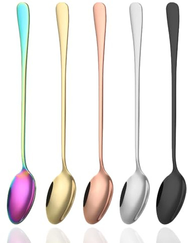 5 Pcs Long Handled Latte Spoons Set – 7.68 inch Stainless Steel Long Teaspoons – Stirring Spoons for Coffee, Espresso, Ice Cream Sundae Dessert (Silver, Gold, Rose Gold, Rainbow, Black)