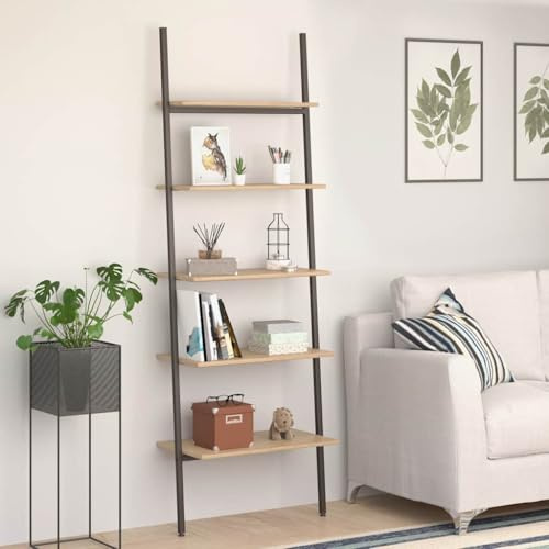 QUAHEAS Leiterregal 64x34x185,5 cm mit 5 Ablagen, Hellbraun & Schwarz, Robustes Standregal für Bücher, Pflanzen, Deko im Wohnzimmer, Schlafzimmer, Büro