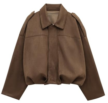 Bomber in pelle scamosciata per le donne 2025 Giacca in pelle scamosciata con risvolto con cerniera completa Cappotti invernali a maniche lunghe oversize Streetwear alla moda, Caff, L