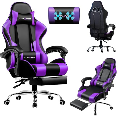 LUCKRACER Spelstol med ergonomisk massage | Fotstöd och infällbart nackstöd | Stöd 150 kg | Kontor och hem | Lila färg