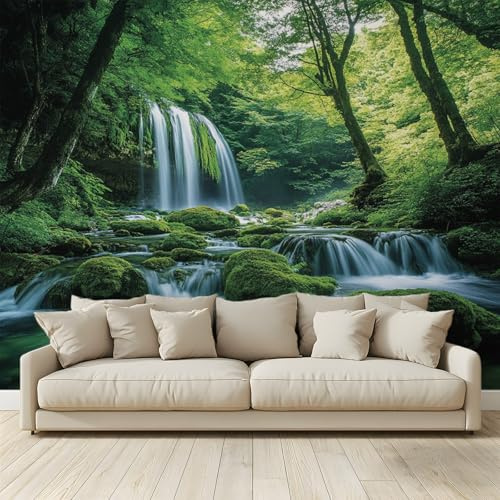 MKBKLI Papel pintado fotográfico de bosque verde agua que fluye en cascada – Diseño para paredes de habitación – Fotomural no tejido 200 x 140 cm – Pegamento no incluido