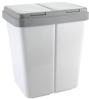 Ribelli Zweimer Duo Müllbehälter mit Deckel 2 x ca. 25 Liter, Kunststoff Mülleimer für die Küche geruchsdichter Abfalleimer Mülltrennsystem, ca. 45 x 32 x 51 cm, Weiß, 500113