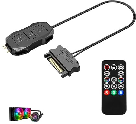 Controller ARGB con Mando a Distancia, Controlador ARGB 5V 3 Pines, Control Remoto Inalámbrico 14 Teclas, para Ventiladores PC, Tiras LED, Placas Base, Conexión SATA, Plug and Play