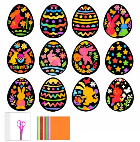 TAIVIN 12 Piezas Kit Manualidades Pascua para Niños,Kit Decoración Ventana–Con Plantillas Huevos,Adhesivos Transparentes&Papel de Colores para Decoración Pascual Fácil