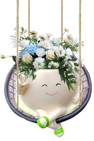 Maceta oscilante para interiores, maceta de resina con cabeza de flor, diseño de cara sonriente, maceta de resina para ayudar al cultivo de plantas