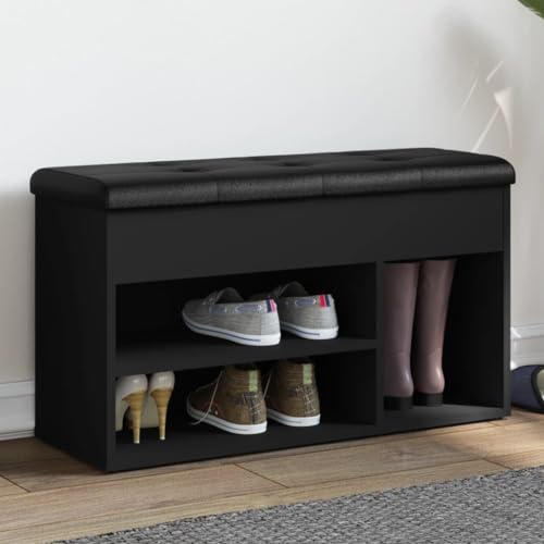 faucqel Schuhbank Schwarz Holzwerkstoff 82x32x45,5 cm mit Sitzkissen, Garderobenbank mit Stauraum, Sitzbank Flur, Truhenbank für Schuhe und Ordnung