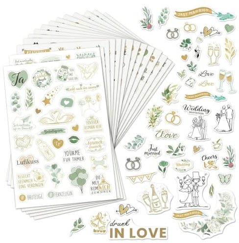 16 Blätter XL Sticker Hochzeit Gästebuch, über 600 Aufkleber Hochzeit (Eukalyptusgrün), Sticker Gästebuch für Fotoalbum Scrapbook Wedding Deko, DIY im Format 17 × 24 cm