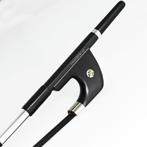 Arco de contrabajo vertical de fibra de carbono estilo alemán 1/2 Tamaño 72 cm VINGOBOW Nivel profesional Rana de ébano Tono potente profundo Pelo de caballo negro Rendimiento de Pernambuco