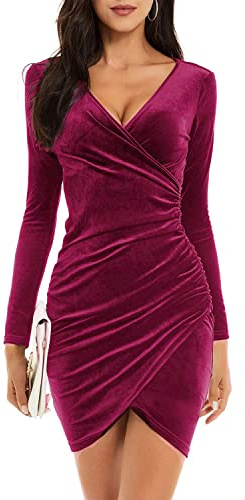 Yutdeng Vestito a Maniche Lunghe Scollo a V da Sera Autunno e Inverno Elegante Abito da Festa in Velluto Increspato Vintage Cocktail Dress Rosa Rosso M