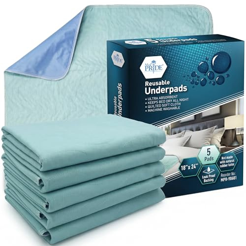 MED PRIDE Reusable Underpads 18 x 24 Inch, 5 Pack Washable Bed Pads, Waterproof Incontinence Pads, High Absorbency Reusable Chux Pads for Bed, Chair, Sofa & Pet Use