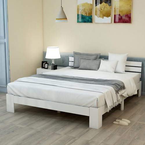KOMHTOM Lit en Bois avec Tête de lit de Rangement, Lit Simple, Cadre de Lit Plateforme avec Sommier à Lattes pour Enfant, Adolescents(sans Matelas) (B, 140x200cm-Blanc)