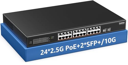 Switch PoE 2,5G à 26 Ports YuanLey Non Géré, 24 Ports PoE Base-T 2,5G, 2 x 10G SFP+, IEEE802.3af/at, 400W, Compatible avec 100/1000/2500Mbps, Montage sur Bureau / Rack Switch Réseau 2,5Gbe