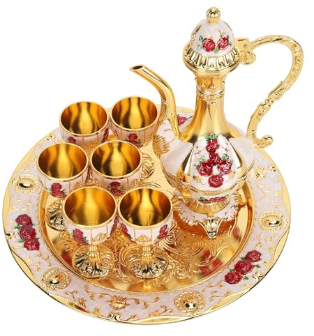 Turkiskt kaffekanna-set, zinklegering Vintage tekanna med bricka och 6 koppar, vinkaraffel och glas för bröllopsmiddag vid festsammankomster (PipiKJTL-13)