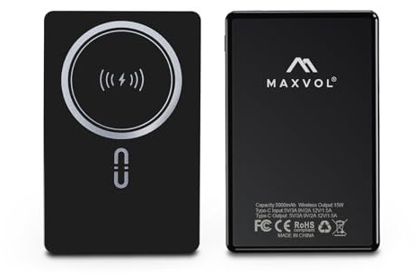 MAXVOL Wireless Power Bank Charger: 5000mAh 8.5mm Ultra-slim Magsafe Magnetic Battery PD 20W Fast Charge USB-C Aluminium Portable works with iPhone 15/14/13/12 Samsung Android Airpods