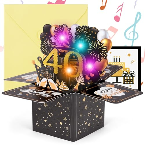 OFFCUP 40. Födelsedagskort 3D-gratulationskort med musik och ljus för 40-årsdag popup-kort grattis på födelsedagen födelsedagskort födelsedagspresent för kvinnor barn flickvän män (svart guld)