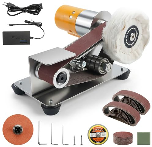 Elektrischer Bandschleifer Mini, Bandschleifmaschine für Metall und Holz | Mit 15° Messerschärfer sowie 20 Schleifbändern und 20 Schleifpapieren für Messer, Metall, Holz und Werkzeuge