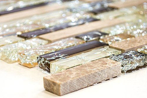 Mosaik Verbund Crystal/Stein mix emperador hell Glasmosaik Transluzent Transparent 3D, Mosaikstein Format: 15x23/48/73x8 mm, Mattengröße: 298x305 mm, 1 Matte